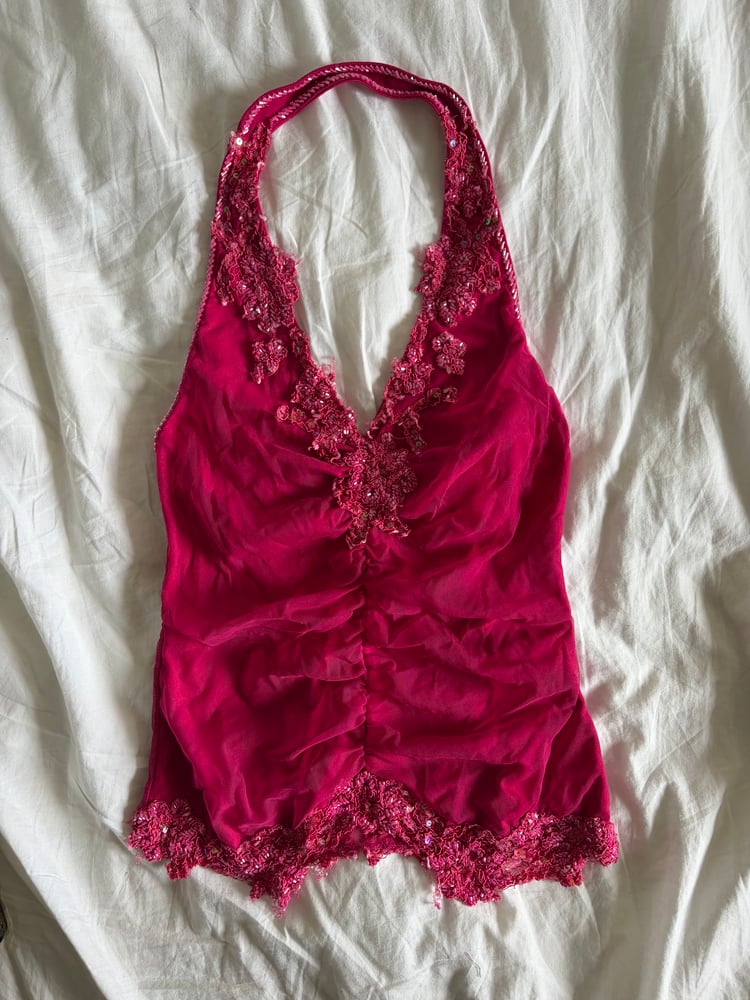 Vintage Y2K Aftershock hot pink beaded and sequin halter neck cami