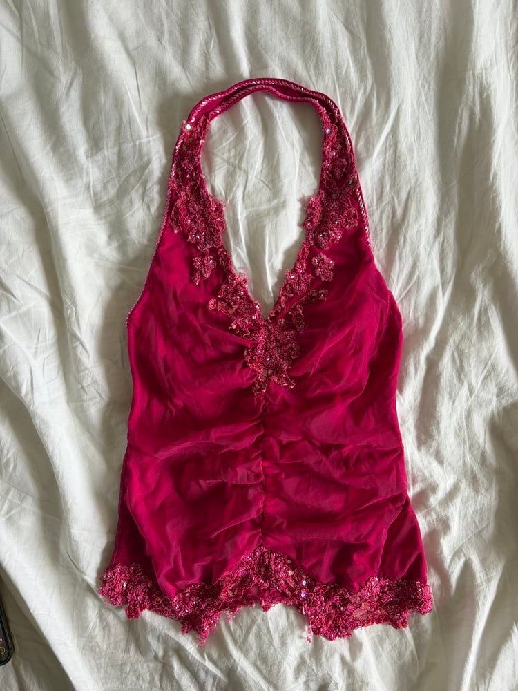 Vintage Y2K Aftershock hot pink beaded and sequin halter neck cami