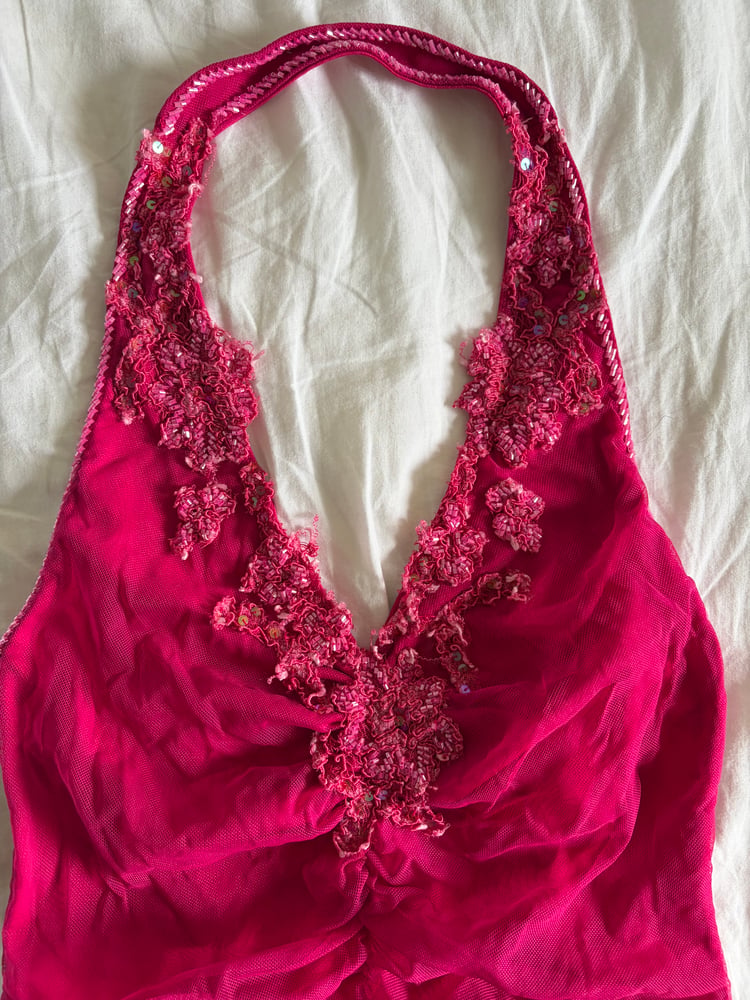 Vintage Y2K Aftershock hot pink beaded and sequin halter neck cami