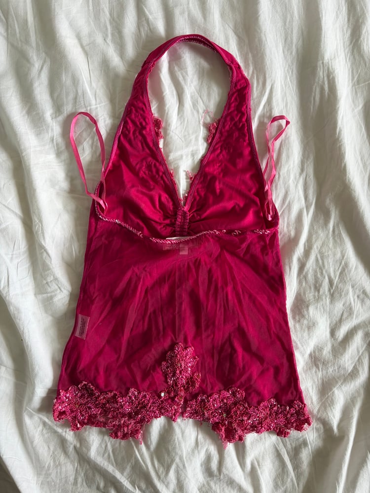 Vintage Y2K Aftershock hot pink beaded and sequin halter neck cami