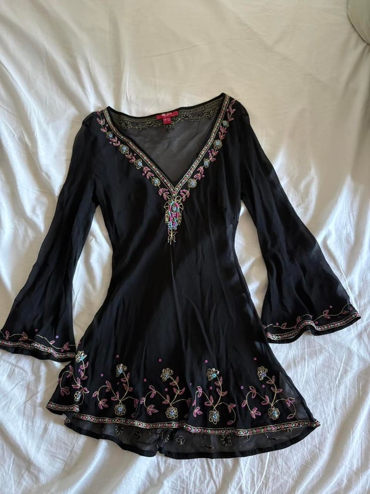 Vintage Y2K Monsoon silk black embroidered bell sleeve top