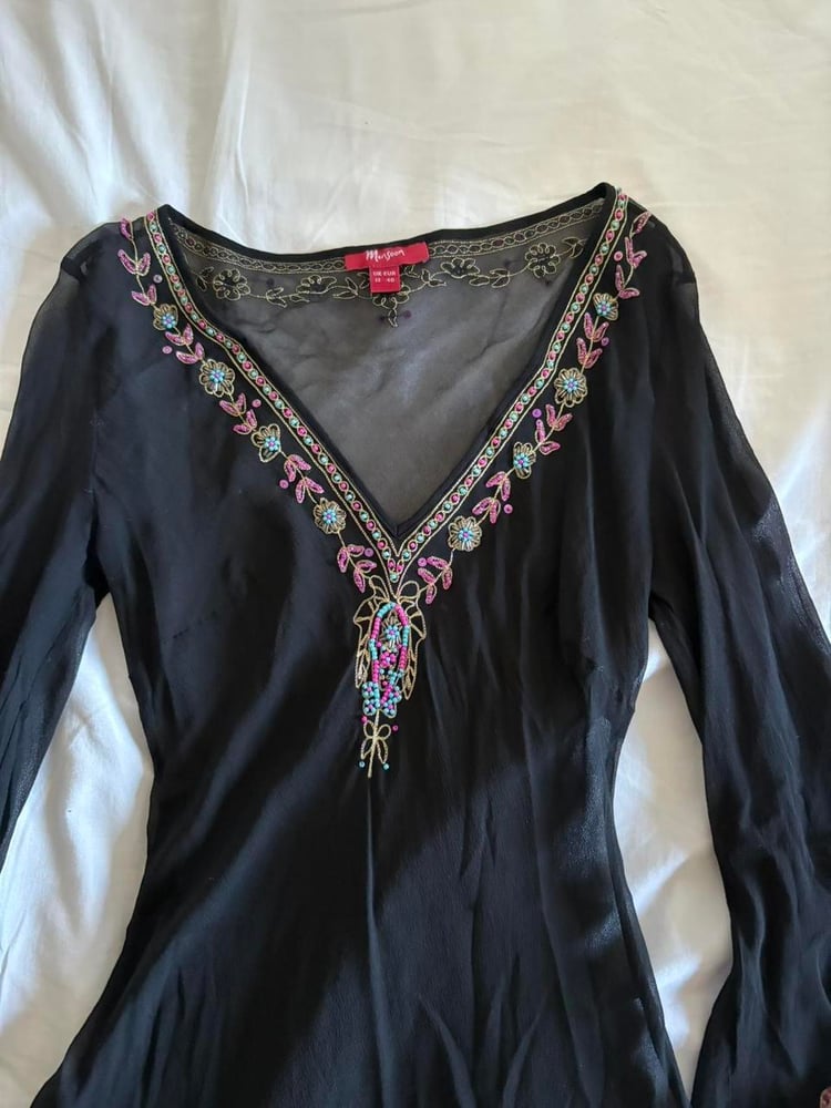 Vintage Y2K Monsoon silk black embroidered bell sleeve top