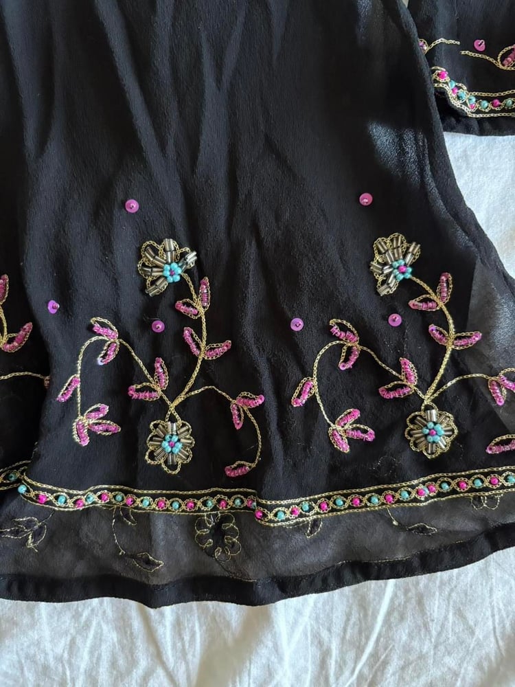 Vintage Y2K Monsoon silk black embroidered bell sleeve top