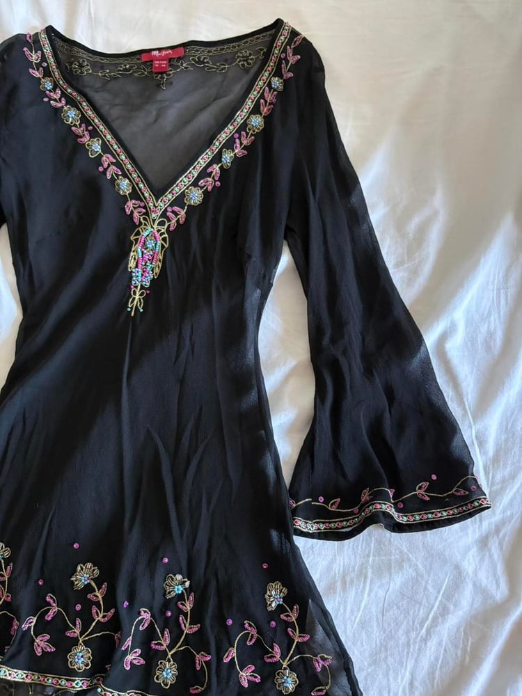Vintage Y2K Monsoon silk black embroidered bell sleeve top