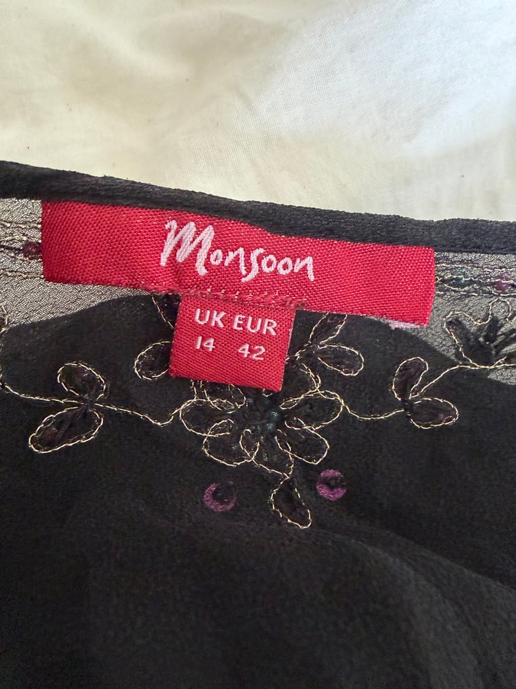 Vintage Y2K Monsoon silk black embroidered bell sleeve top