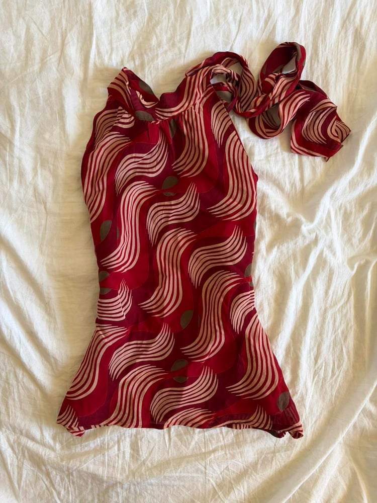 Vintage Y2K red and pink swirl halter neck top