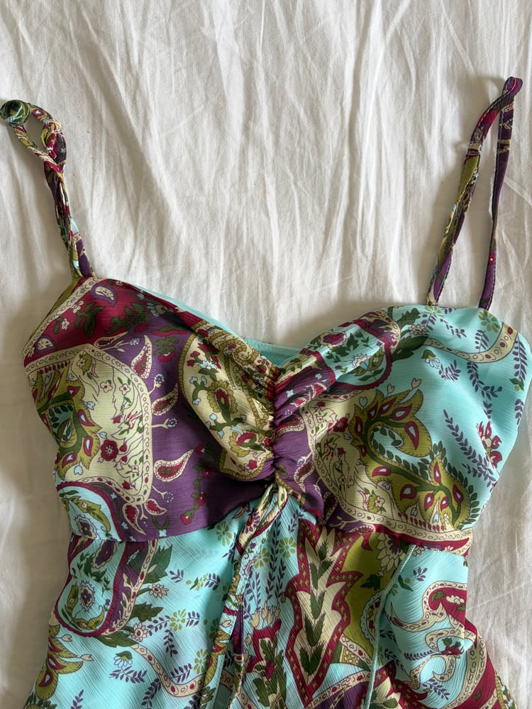 Vintage Y2K paisley knot bust fairy cami with double ruffle hem