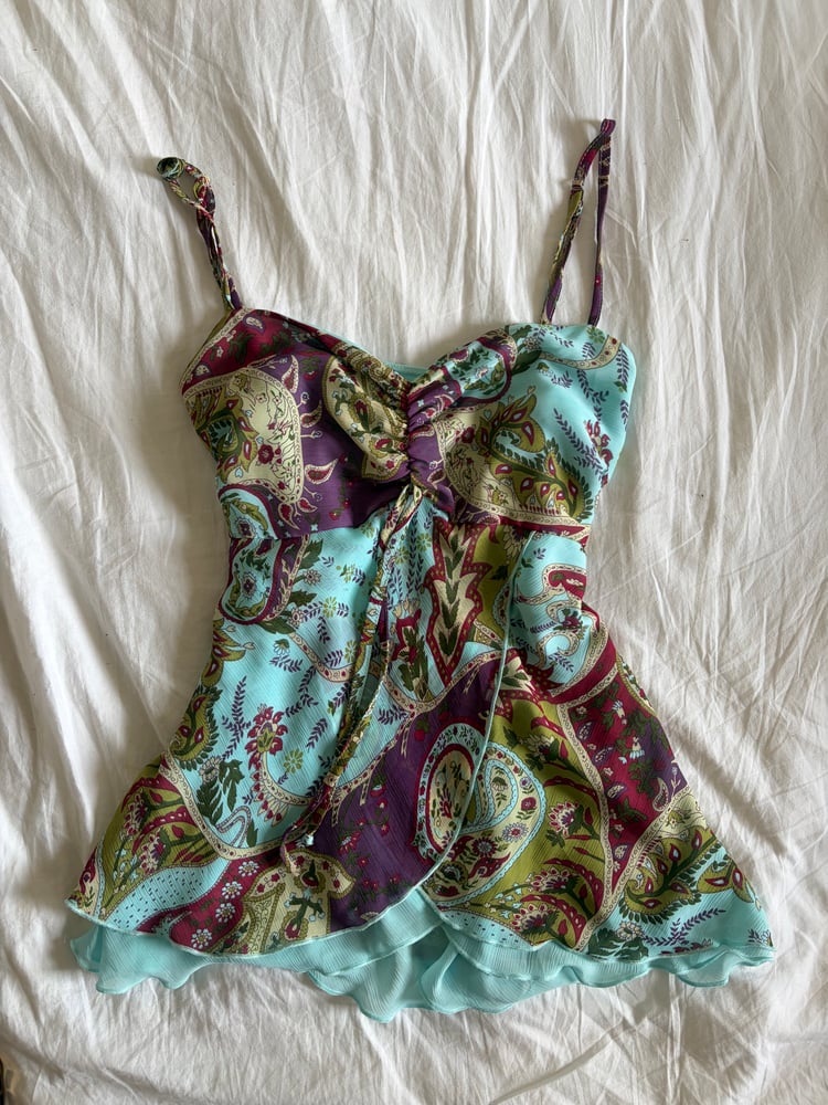 Vintage Y2K paisley knot bust fairy cami with double ruffle hem