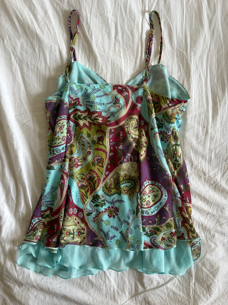Vintage Y2K paisley knot bust fairy cami with double ruffle hem