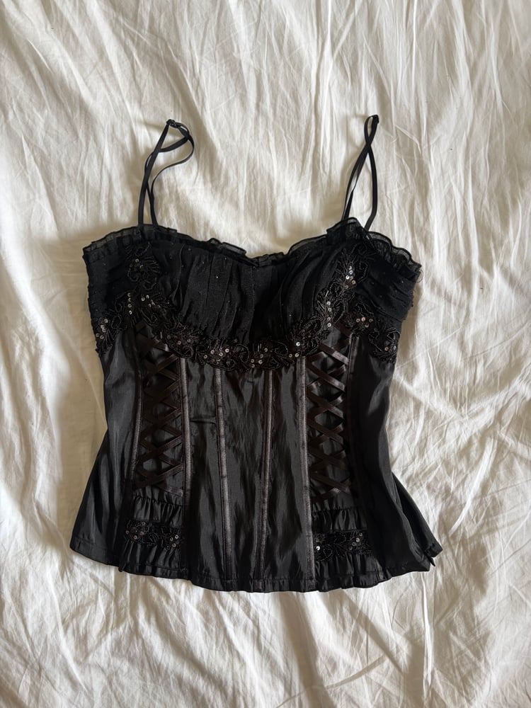 Vintage Y2K 2000s deadstock Lovie corset style dark fairy top with sequin and beads