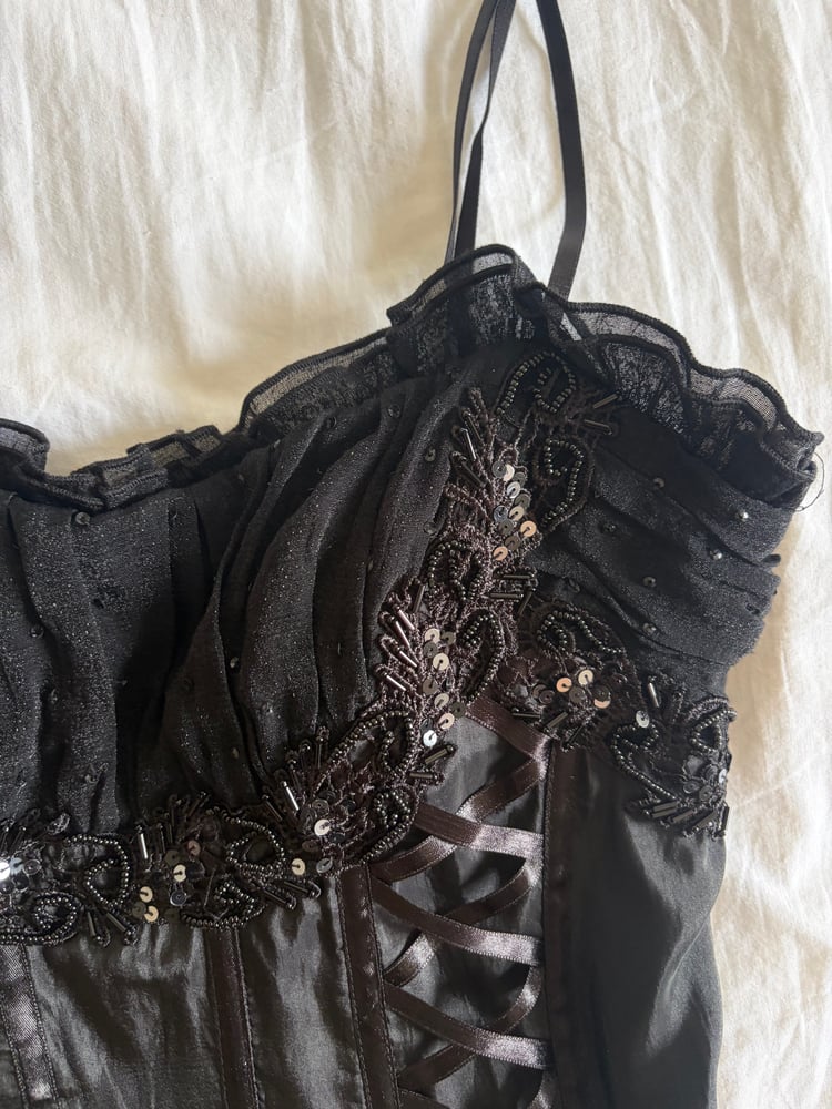 Vintage Y2K 2000s deadstock Lovie corset style dark fairy top with sequin and beads