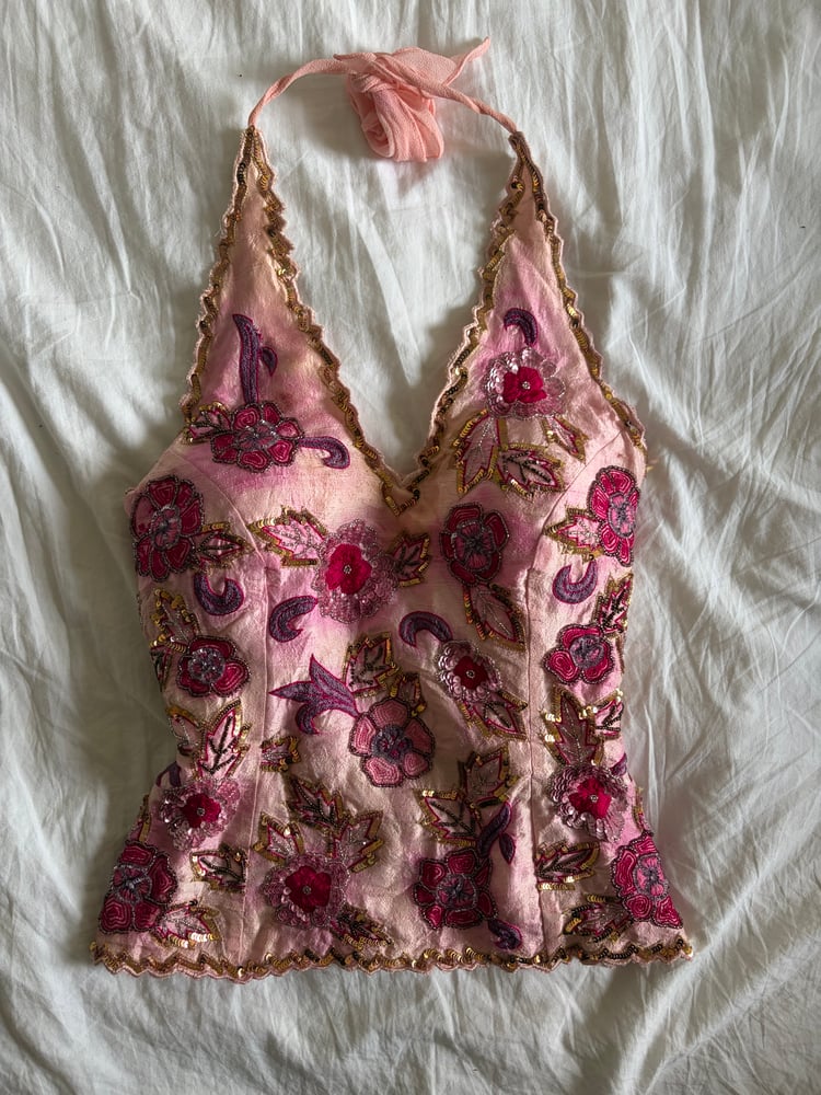 Vintage Y2K Aftershock silk baby pink sequin and beaded halter neck corset style top