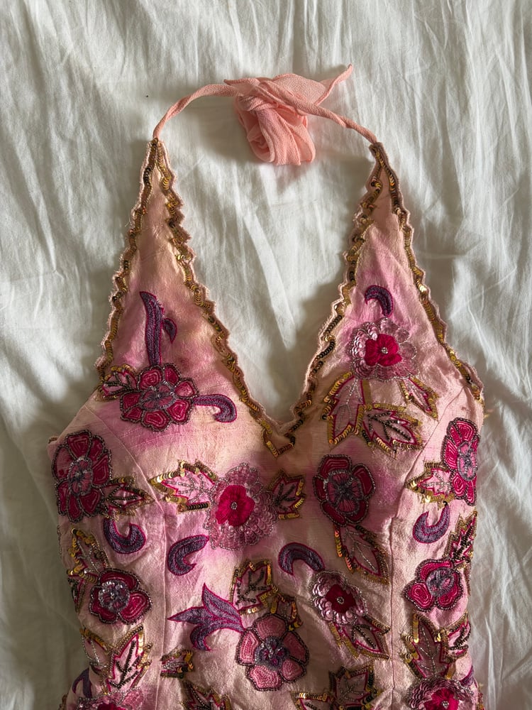Vintage Y2K Aftershock silk baby pink sequin and beaded halter neck corset style top