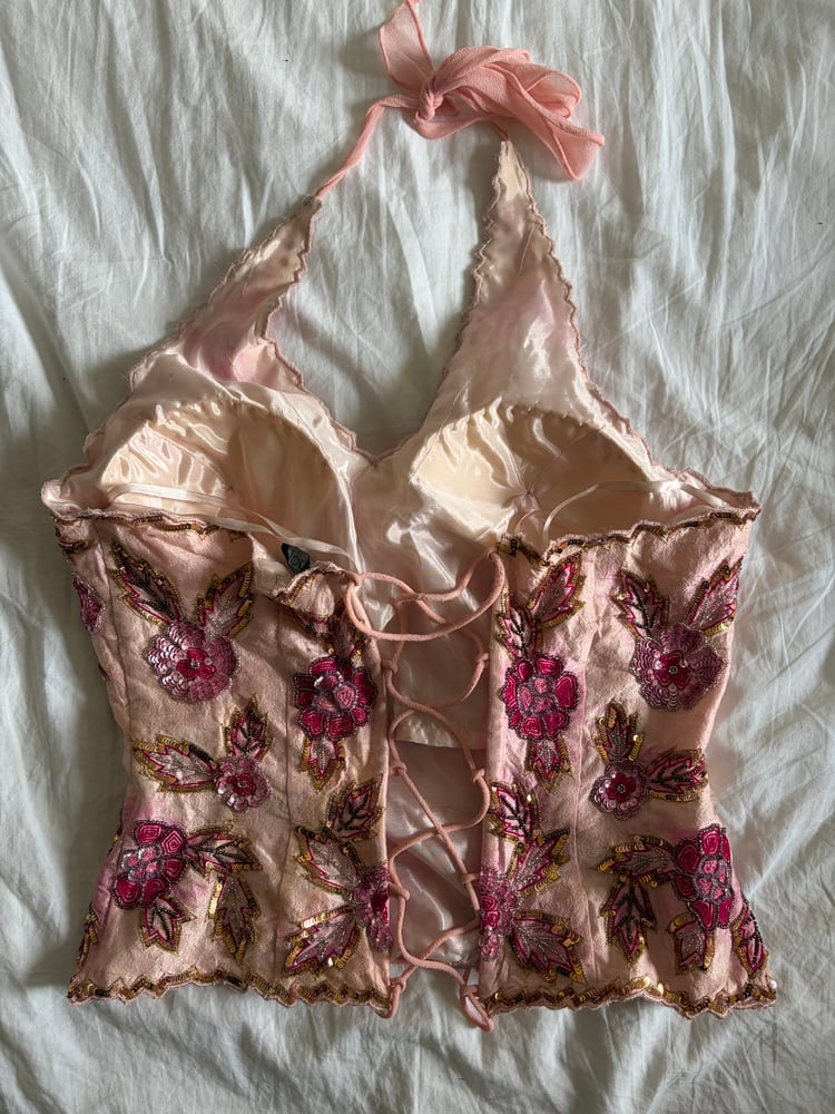 Vintage Y2K Aftershock silk baby pink sequin and beaded halter neck corset style top