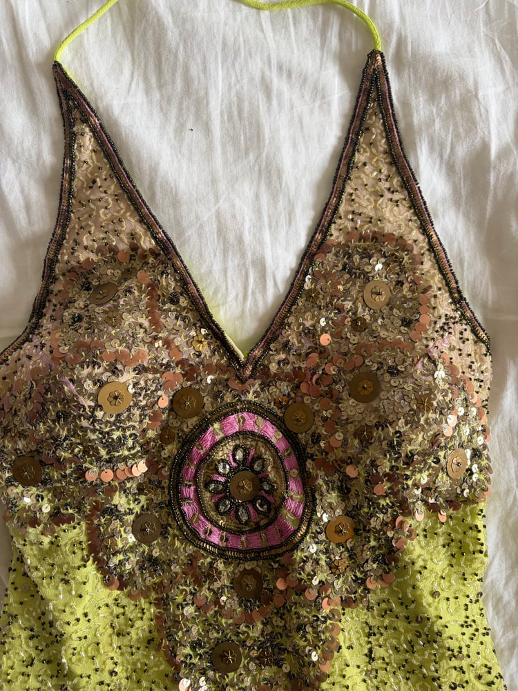 Vintage Y2K Aftershock silk lime green sequin and beaded halter neck corset style top
