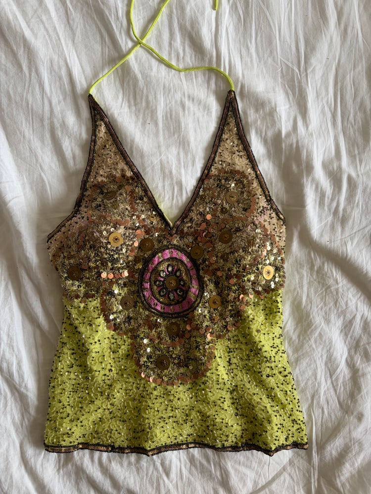 Vintage Y2K Aftershock silk lime green sequin and beaded halter neck corset style top