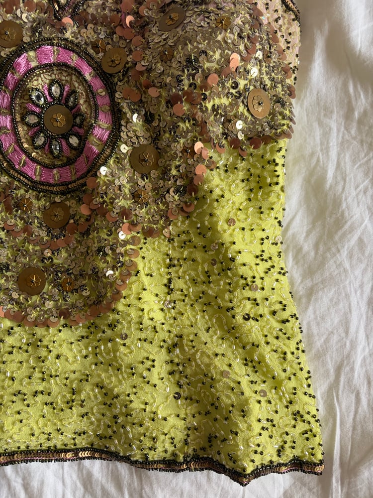Vintage Y2K Aftershock silk lime green sequin and beaded halter neck corset style top