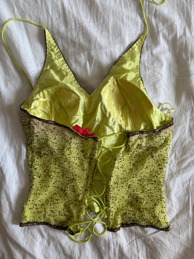 Vintage Y2K Aftershock silk lime green sequin and beaded halter neck corset style top