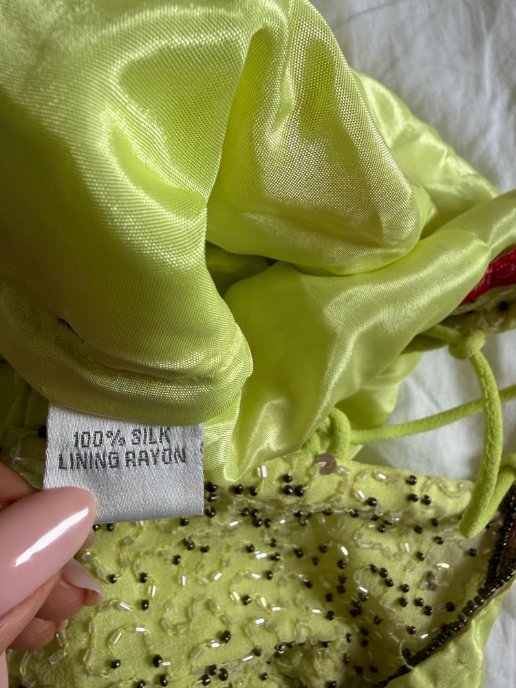 Vintage Y2K Aftershock silk lime green sequin and beaded halter neck corset style top