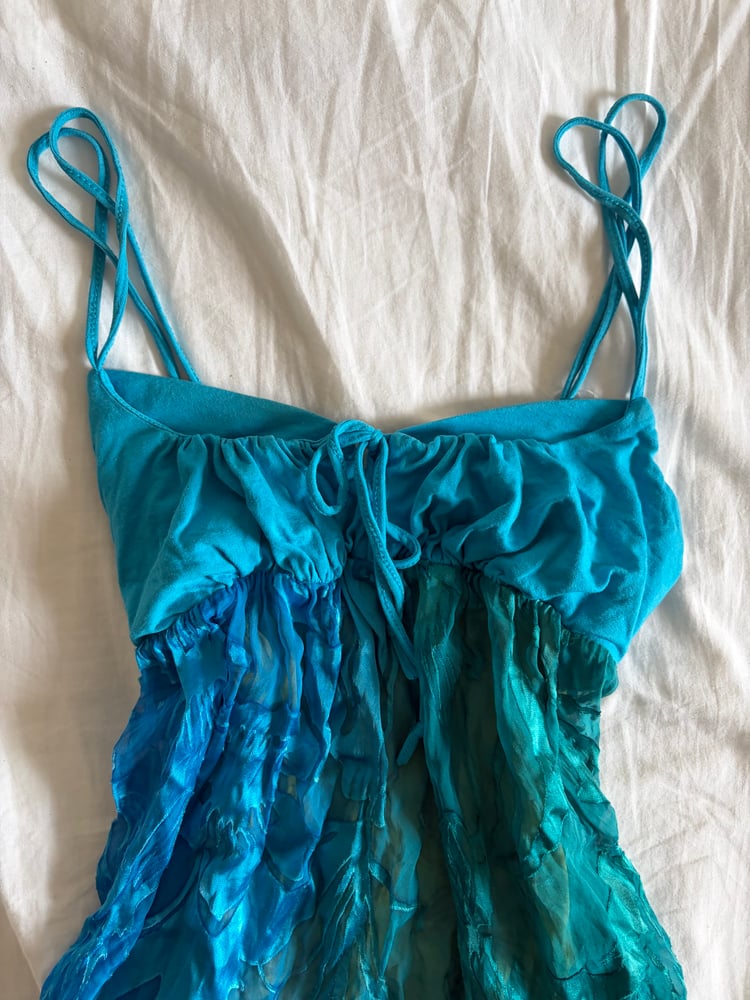 Vintage Y2K blue and green handkerchief hem cami with ribbon trim