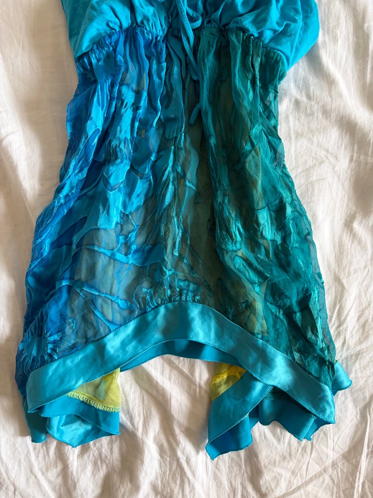 Vintage Y2K blue and green handkerchief hem cami with ribbon trim