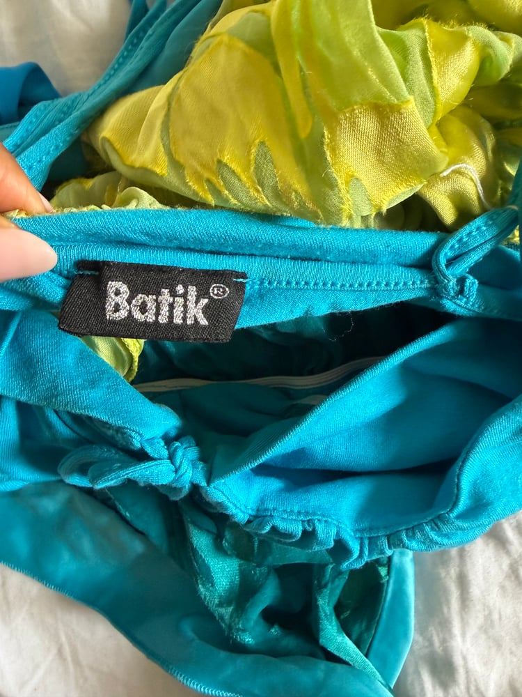 Vintage Y2K blue and green handkerchief hem cami with ribbon trim