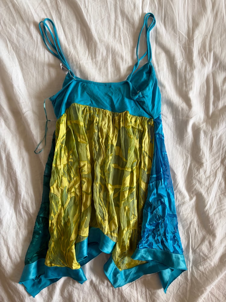 Vintage Y2K blue and green handkerchief hem cami with ribbon trim