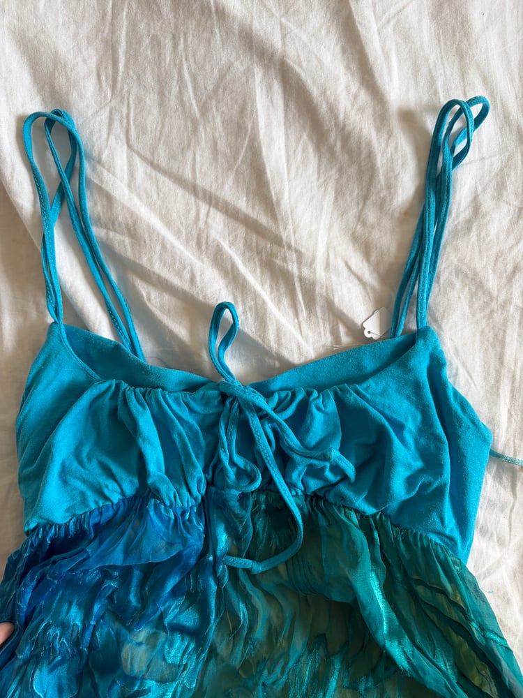 Vintage Y2K blue and green handkerchief hem cami with ribbon trim