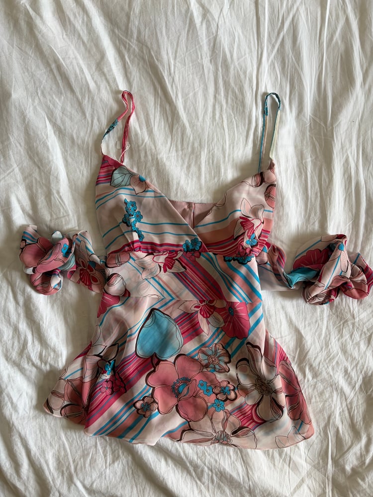 Vintage Y2K floral pink and blue tie back babydoll cami