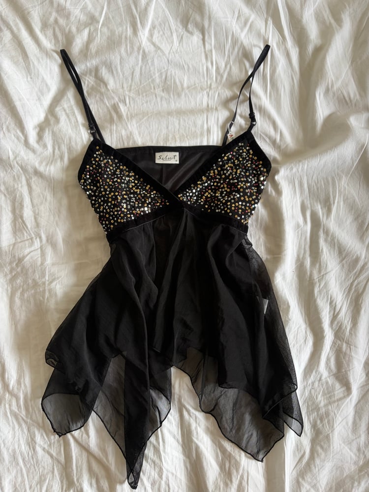 Vintage Y2K black sequin bust handkerchief hem cami