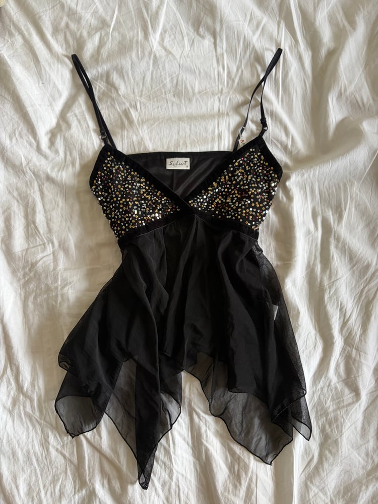 Vintage Y2K black sequin bust handkerchief hem cami