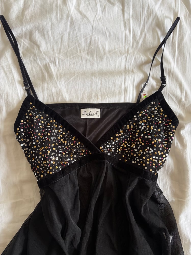 Vintage Y2K black sequin bust handkerchief hem cami