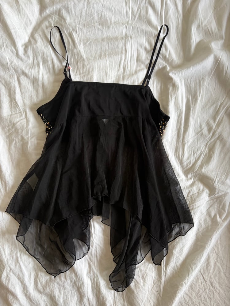 Vintage Y2K black sequin bust handkerchief hem cami