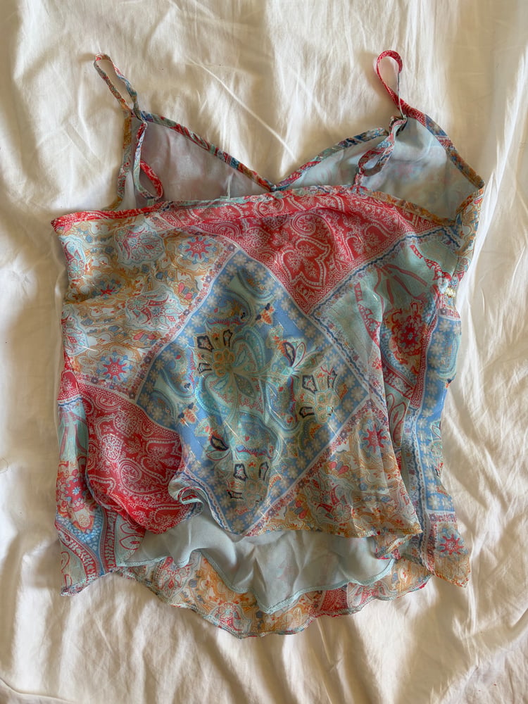 Vintage Y2K asymmetrical hem paisley patchwork style fairy cami with sparkles