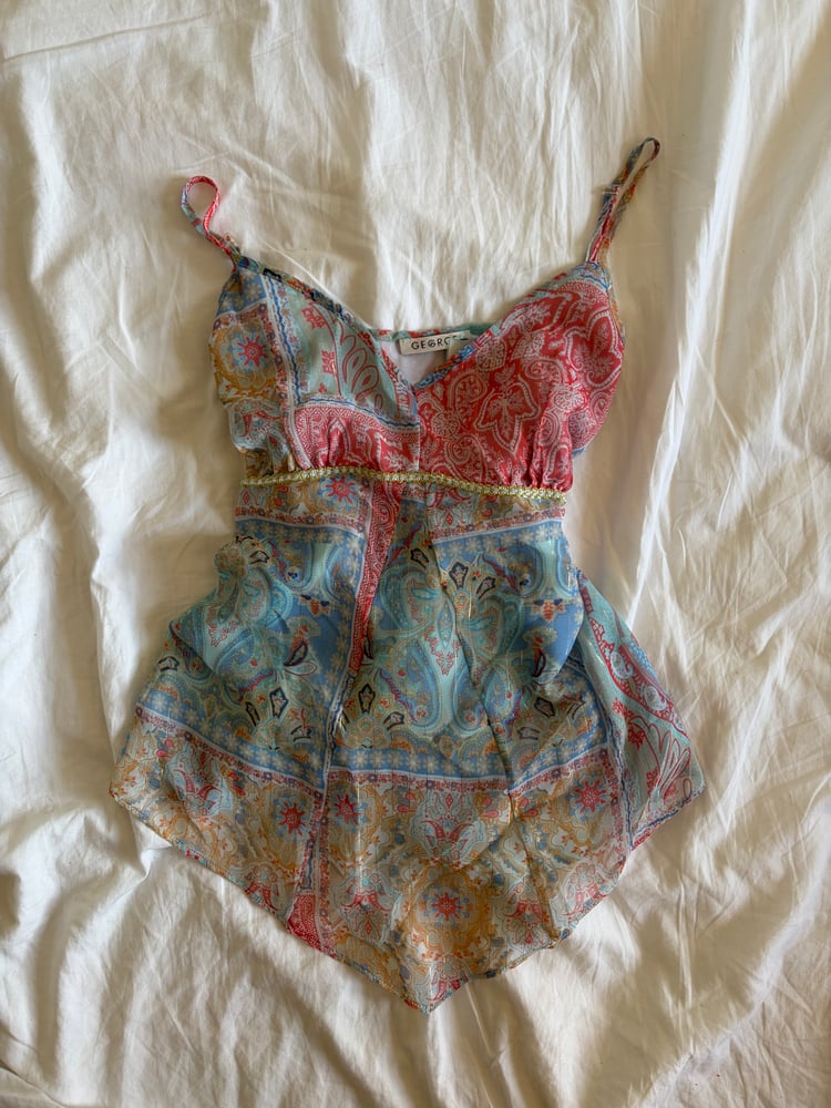 Vintage Y2K asymmetrical hem paisley patchwork style fairy cami with sparkles