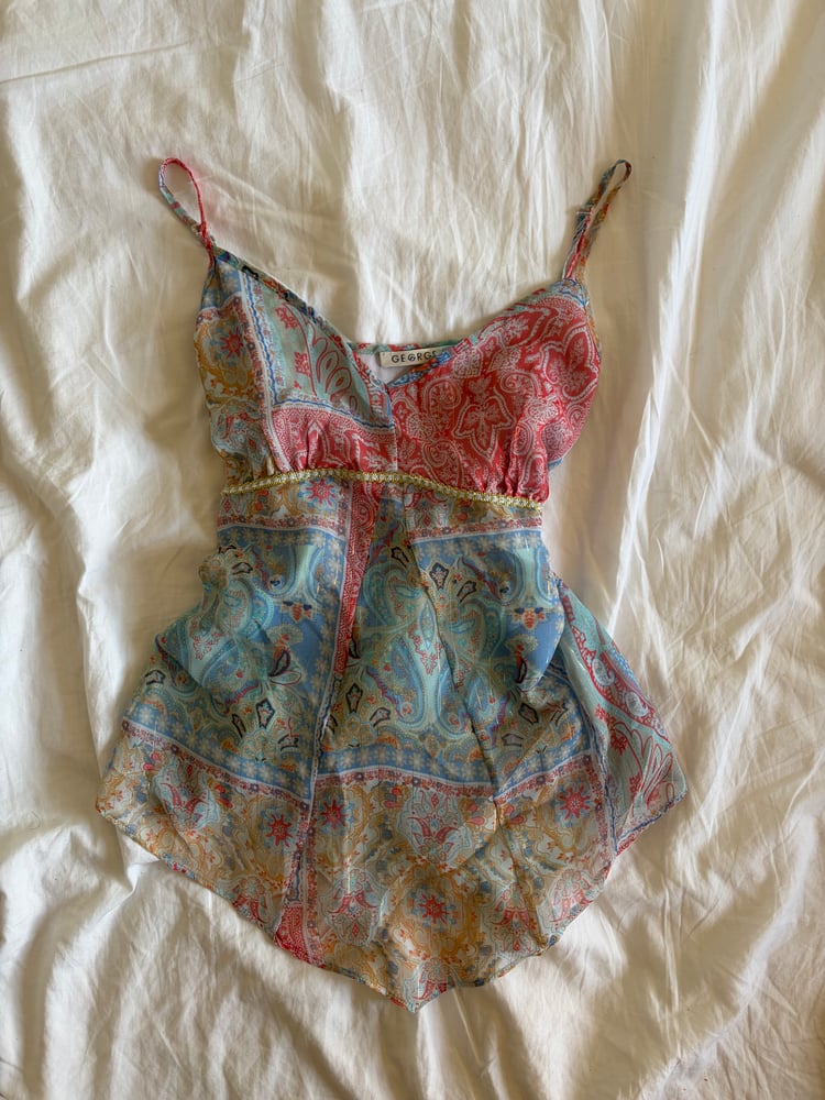 Vintage Y2K asymmetrical hem paisley patchwork style fairy cami with sparkles