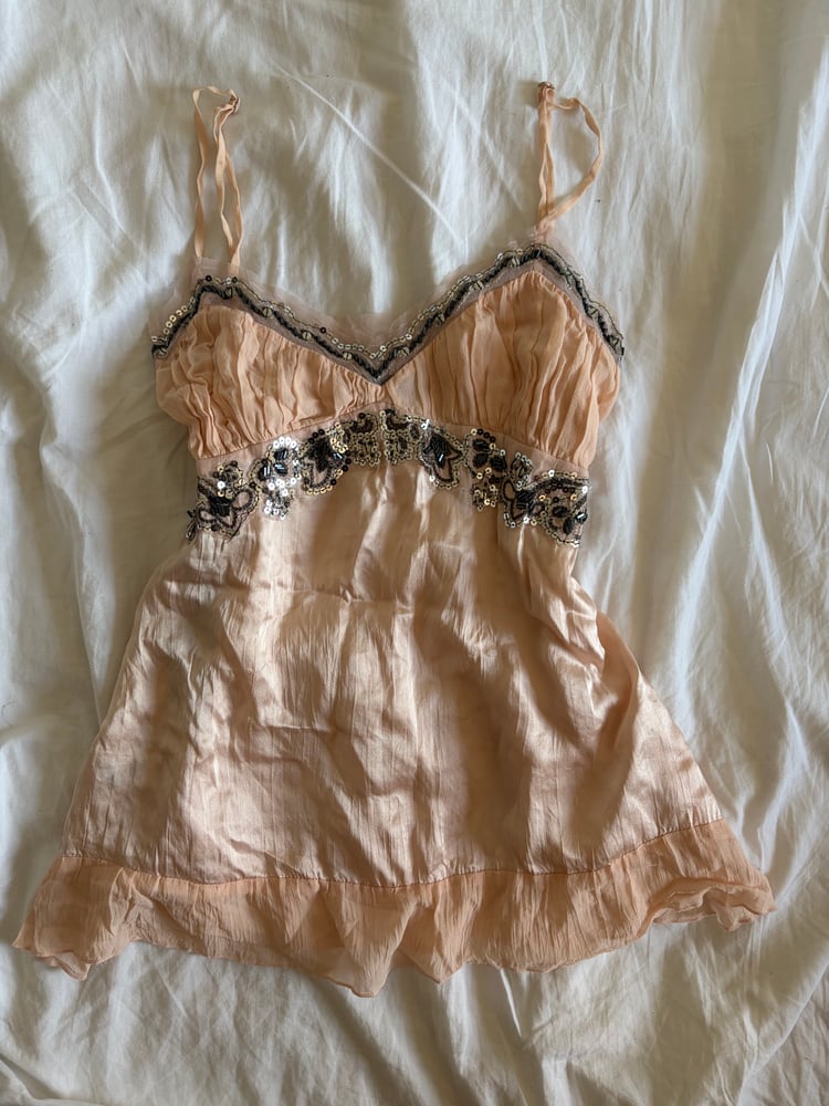 Vintage Y2K peachy pink silk cami with sequin bust detail