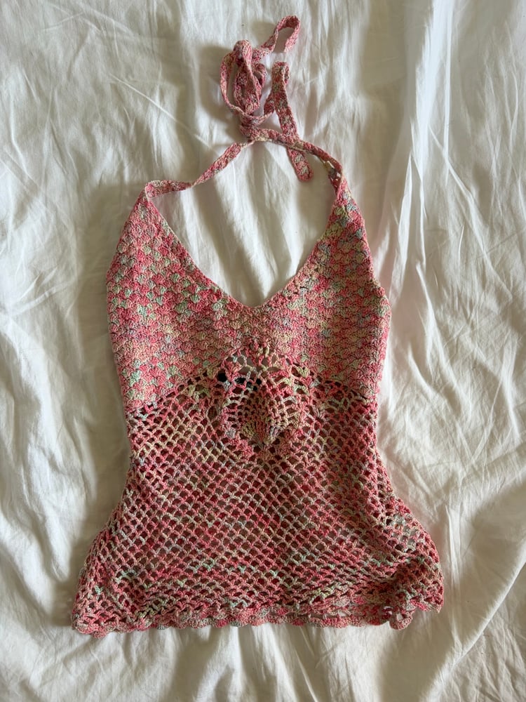 Vintage Y2K 2005 Jane Norman pink crochet halter neck cami