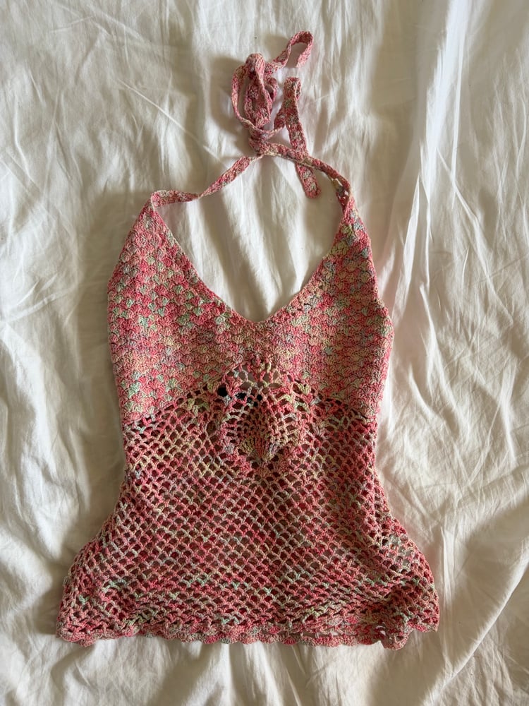 Vintage Y2K 2005 Jane Norman pink crochet halter neck cami