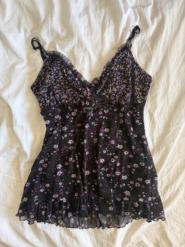 Vintage Y2K black floral cami with ruffle bust detail and ribbon