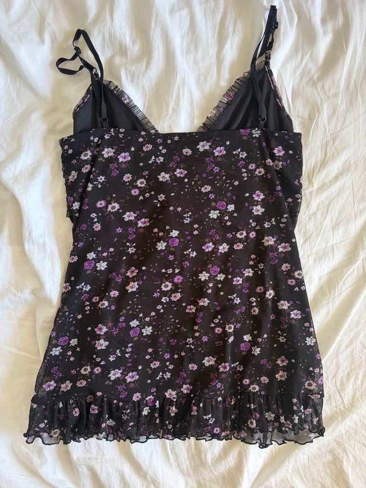 Vintage Y2K black floral cami with ruffle bust detail and ribbon