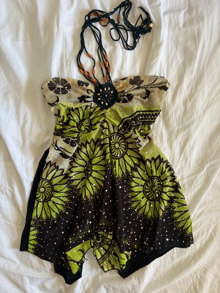Vintage Y2K black and green asymmetrical hem sparkly cami with beaded halterneck detail