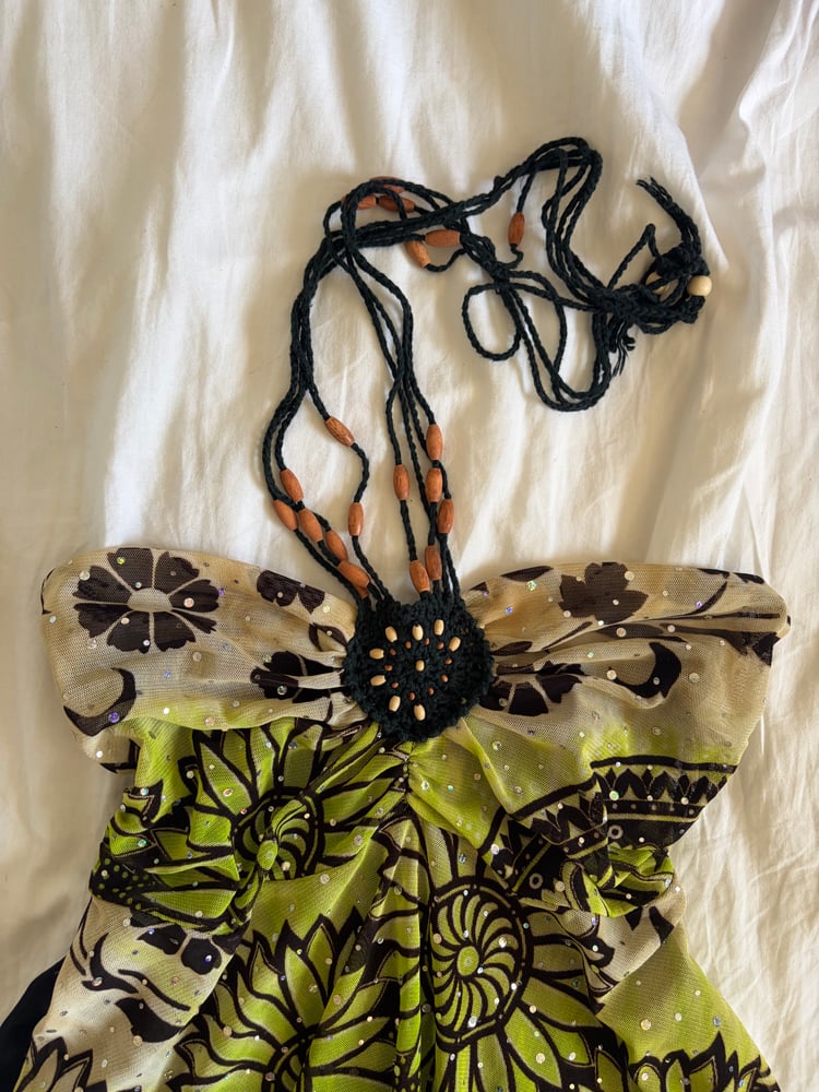 Vintage Y2K black and green asymmetrical hem sparkly cami with beaded halterneck detail