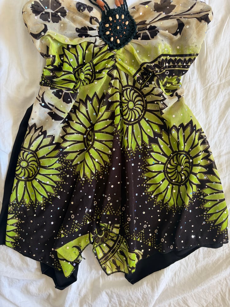 Vintage Y2K black and green asymmetrical hem sparkly cami with beaded halterneck detail