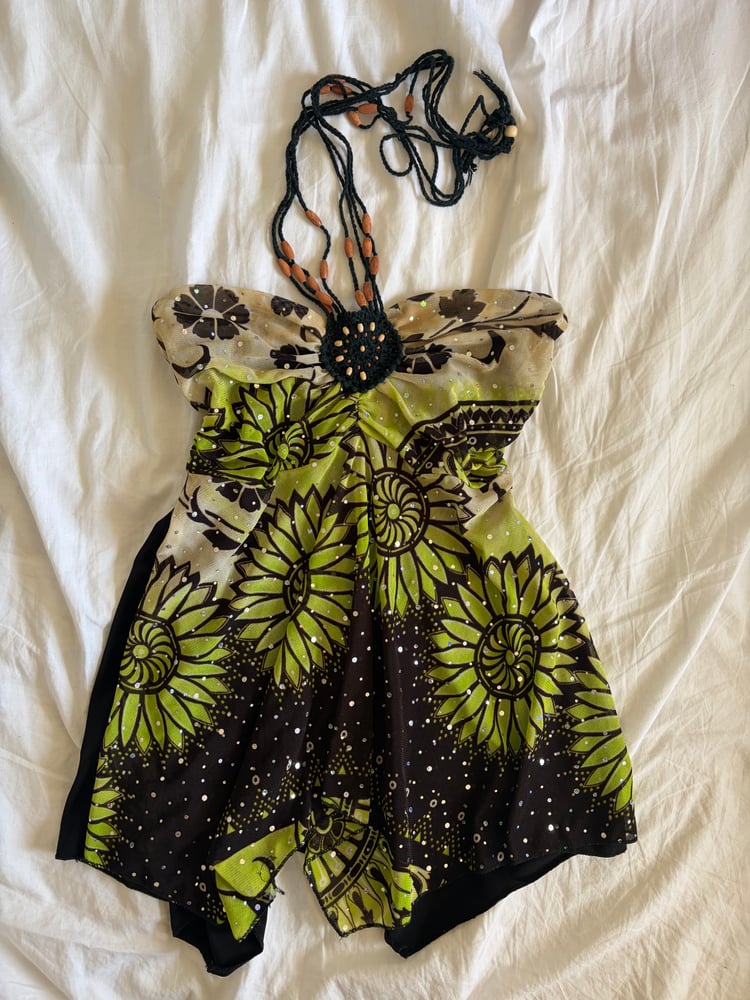 Vintage Y2K black and green asymmetrical hem sparkly cami with beaded halterneck detail