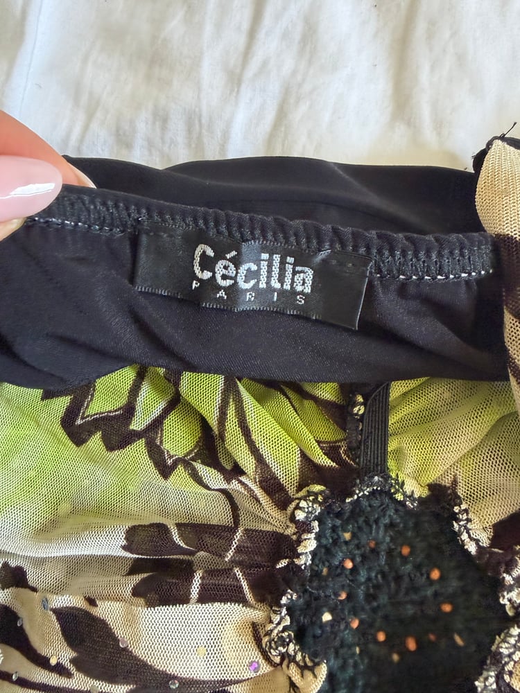 Vintage Y2K black and green asymmetrical hem sparkly cami with beaded halterneck detail