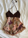 Vintage Y2K brown crochet bust silk sequin asymmetrical hem cami