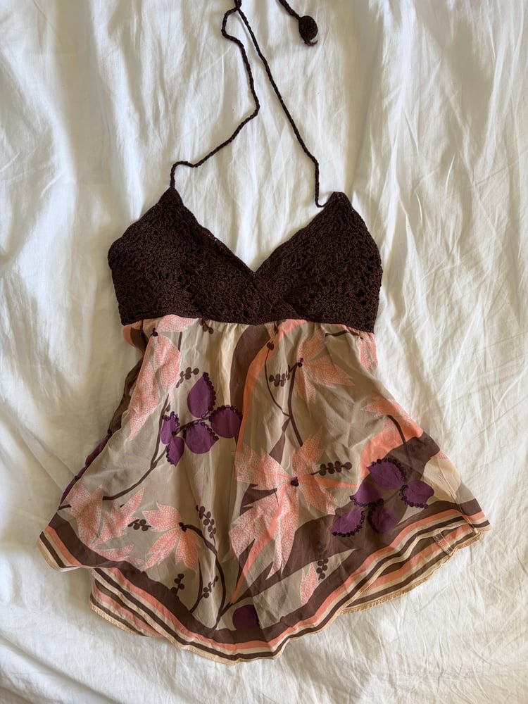 Vintage Y2K brown crochet bust silk sequin asymmetrical hem cami
