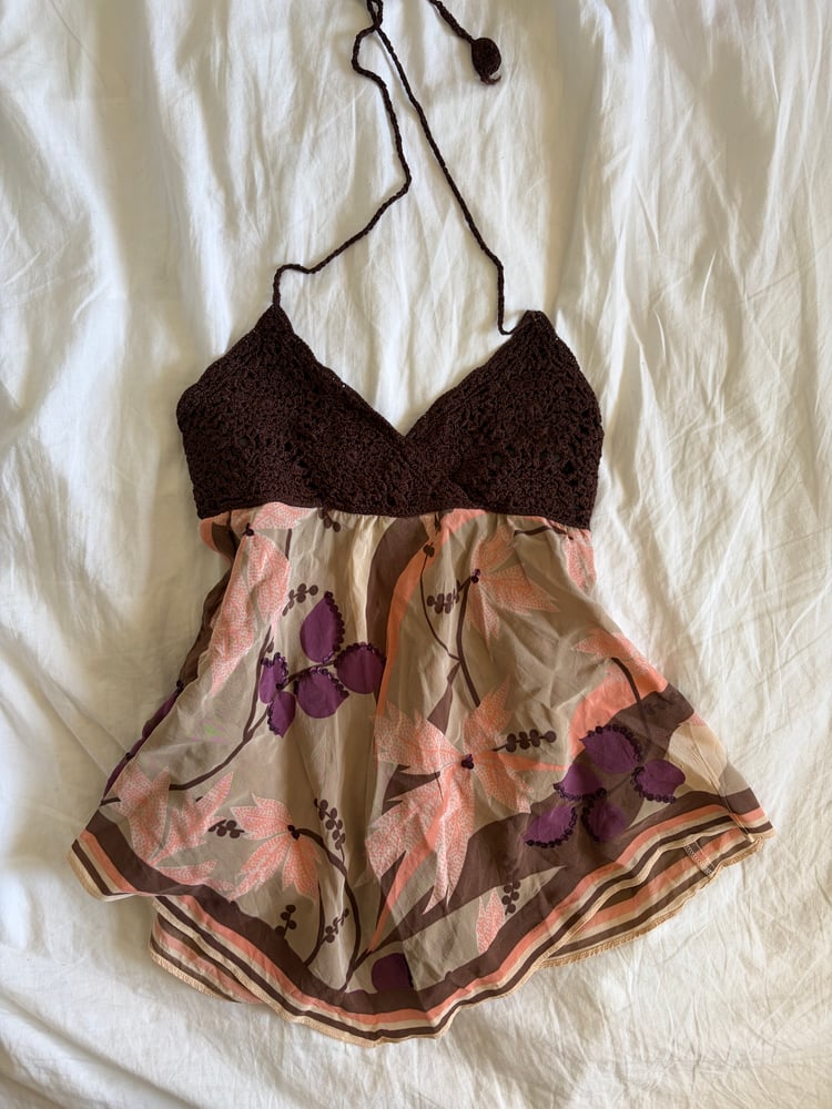 Vintage Y2K brown crochet bust silk sequin asymmetrical hem cami