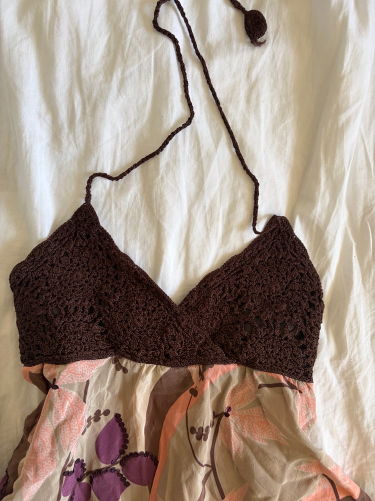 Vintage Y2K brown crochet bust silk sequin asymmetrical hem cami